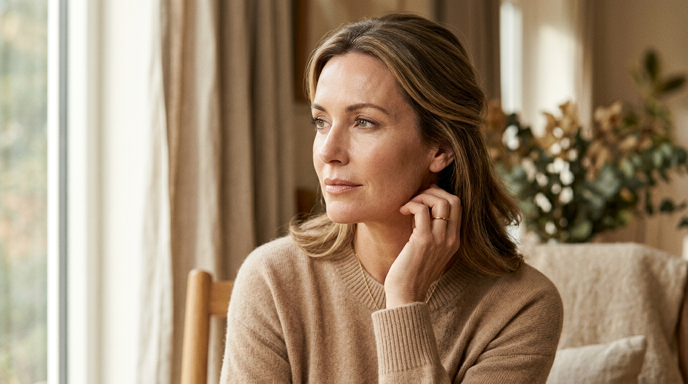 Kobieta ok. 46 lat z promienną, zadbana skórą